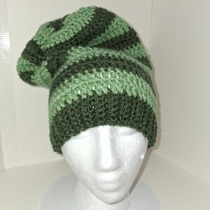 Beanie Slouchy Cap XL Green Two Toned Striped Hat